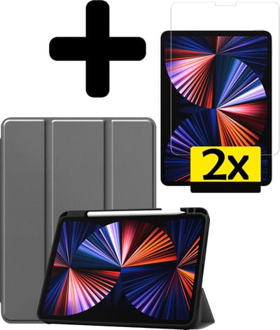 Hoes - Geschikt voor Apple iPad Pro (2021) - 11 inch - 3e generatie - Met Screenprotector - Trifold Bookcase - Hard Cover Case - Met Uitsparing Geschikt voor Apple Pencil - Hardcover Book - Tablet Hoesje - Grijs
