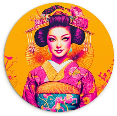 WallCircle® Wandcirkel 120x120 cm - Muurcirkel Bloemen - Vrouw - Kimono - Roze - Muurdecoratie woonkamer - Wanddecoratie slaapkamer - Kamer decoratie accessoires - Ronde schilderijen XXL