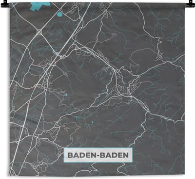 Wandkleed - Wanddoek - Baden Baden – Stadskaart – Blauw – Plattegrond – Stadskaart – Kaart - Duitsland - 180x180 cm - Wandtapijt
