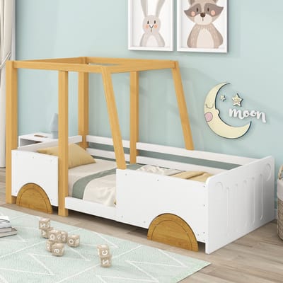 Gutent Kinderbed, Wit + Naturel (Zonder matras), 90x200 cm, Autobed met MDF wielen, grenen frame