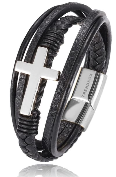 Armband Heren - Zwart Leer met Zilver kleurig Kruis - 23cm - Leren Armbanden - Papa Cadeau Voor Mannen - Vaderdag