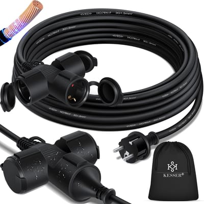 KESSER® Verlengkabel 10 meter met 3x stekkerdoos voor binnen en buiten IP44 - Verlengsnoer met Stekker