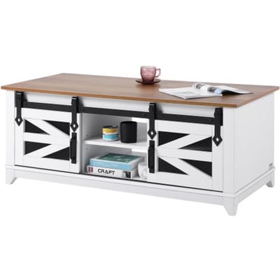 VEVOR salontafel in boerderijstijl, rechthoekige salontafel met 2 schuifdeuren, draagvermogen 68 kg, 2-laags rustieke cocktailtafel met verwijderbare planken voor woonkamer/slaapkamer