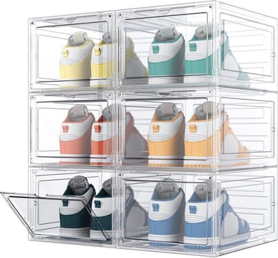Schoenendozen, stapelbaar, transparant, 6 stuks, hard plastic, met deksel, schoenenopslag voor hoge hakken, enkellaarzen, pumps, hoge tops, voor maat 46, transparant