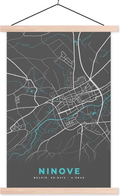 Posterhanger incl. Poster 40x60 cm - Schoolplaat - België – Ninove – Stadskaart – Kaart – Grijs – Plattegrond - Textielposter - Blanke latten - Stadskaart