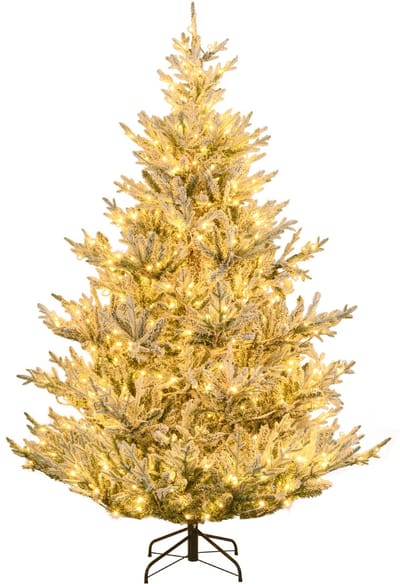 COSTWAY Kunstkerstboom van 210 cm met verlichting en sneeuw, dennenboom met warmwitte ledlampen, 13 modi, timer, instelbare helderheid, kunstboom, Kerstmis voor thuis