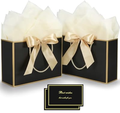 SnelShoppen - Set van 2 Medium Papieren Cadeauzakken met Handvatten, 4 Stukken Cadeaupapier, 2 Wenskaarten en 2 Strikken voor Feestdagen, Verjaardagen