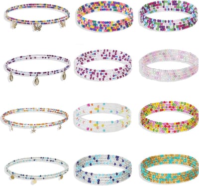 Kleurrijke Elastische Taillebeads voor Vrouwen - 12 Stuks, Bikini Beads en Buikketting voor Zomerstrand en Lichaamsjuwelen