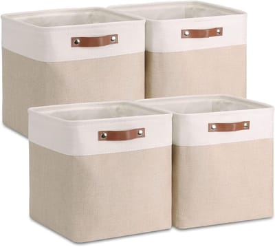 Vouwbare Opbergdozen van Linnen, 30cm Opbergmanden met Leren Handvatten - 4 Stuks in Licht Khaki en Wit voor Efficiënte Ruimtebesparing