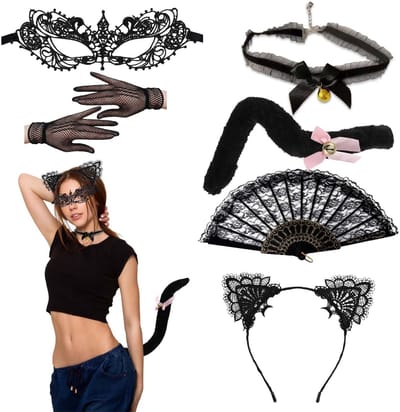 Dailygoods - Katten Kostuum dames Kant Catwoman Masker Zwarte Kat Kostuum Set voor Vrouwen - Kant Catwoman Masker, Kat Oren Hoofdband, Handschoenen, Choker Ketting - Ideale Halloween Cosplay Accessoire