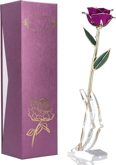 Gouden Roos - Eeuwige Bloem - Decoratie Tafel - Echt Gedoopt - 29 cm Lengte - Paars