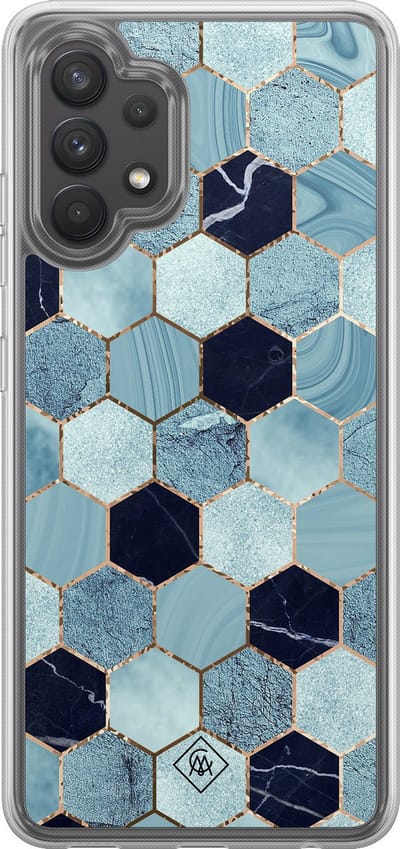 Casimoda® hoesje - Geschikt voor Samsung Galaxy A32 4G - Blue Cubes - 2-in-1 case - Schokbestendig - Marble design - Verhoogde randen - Blauw, Transparant