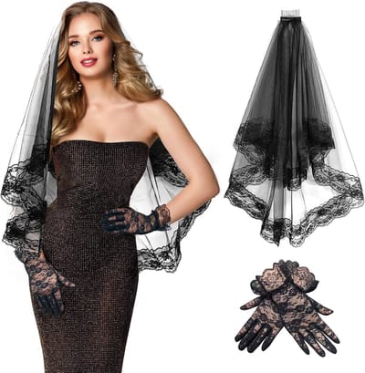 Elegante Zwarte Tulle Bruidsluifel met Kammend en Korte Kanten Handschoenen voor Bruiloft, Halloween en Kostuum Accessoires