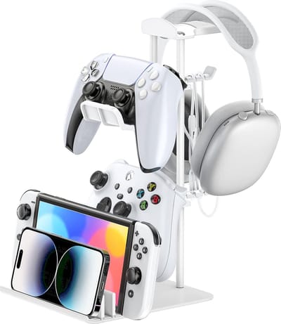 StayPowered Headset Stand & Controller Houder - Compact en Stijlvol voor Georganiseerde Gaming Setup - Stevige Aluminium Staaf - Metalen Basis voor Stabiliteit - Antislip Siliconen Voet - Wit - Levering Sneller dan Aangegeven!