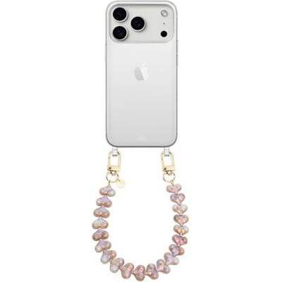 xoxo Wildhearts siliconen hoesje - Geschikt voor iPhone 17 Pro Max hoesje - Funky Hearts (Champagne Pearl) - Telefoonhoesje - Hoesje met koord - Champagne / Beige koord - kort telefoonkoord - Hartjes ketting - Transparant hoesje