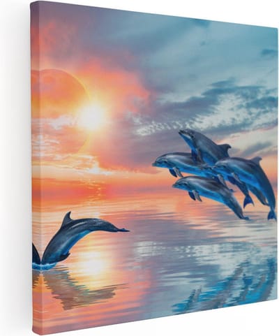 Artaza Canvas Schilderij Zonsondergang Zee - 30x30 cm - Klein - Muurdecoratie Dolfijnen - Wanddecoratie Strand - Kamer Accessoires Woonkamer