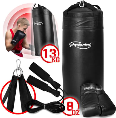 Physionics - Kinder Bokszak met Handschoenen - Junior Training - MMA - Vechtsport - Bokshandschoenen - Met Springtouw