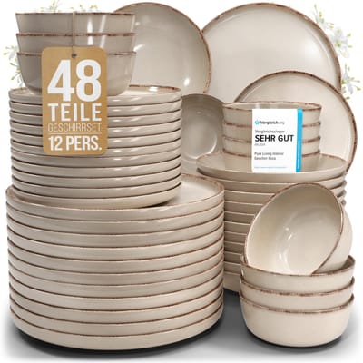 Pure Living Rustic Serviesset - Beige - 48-Delig Voor 12 Personen - Massief Aardewerk - Landelijk Design - Magnetron & Vaatwasserbestendig