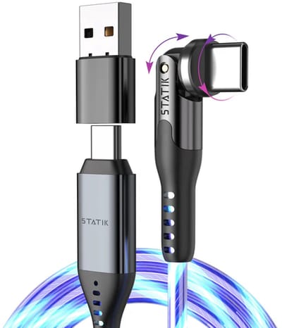Statik PowerPivot Globright Pro 360 - USB-a/USB-c naar USB-c - 2m - 60W - 480 Mbps Data Transfer - Licht gevende kabel - Blauw