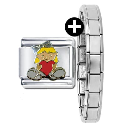Schakel Bedel - Meisje met Hart - plus armband - 9mm - Schakel voor Italiaanse Bedelarmband