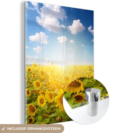 MuchoWow® Glasschilderij 30x40 cm - Schilderij acrylglas - Zonnebloem - Zon - Wolken - Foto op glas - Schilderijen