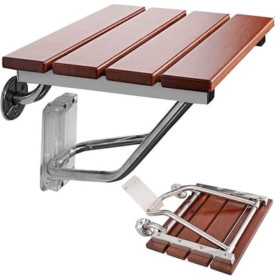 Opklapbare Douchestoel - Wandmontage Zitje - Veilig Douchen - Massief Hout RVS - 150kg Draagvermogen - Houtkleur