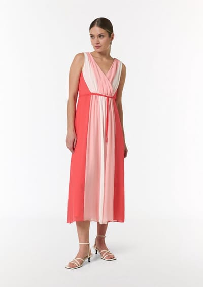 Zonder mouwen V-hals gestreepte viscose midi jurk dames met koord COMMA