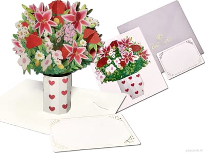 Popcards popupkaarten – Bloemen Vaas Lelies Anjers Margrieten Rozen Bouquet Boeket Vriendschap Felicitatie Huwelijk Beterschap Troost pop-up kaart 3D wenskaart
