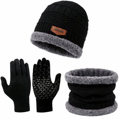 Winterset - Gebreide Beanie Muts, Col-Sjaal & Touchscreen Handschoenen - Wol Gevoerd - Warme Baggy Skimuts - Winter Muts, Nekwarmer en Touchscreen Handschoenen Set voor Heren & Dames - Ideaal voor Skiën & Outdoor - Zwart