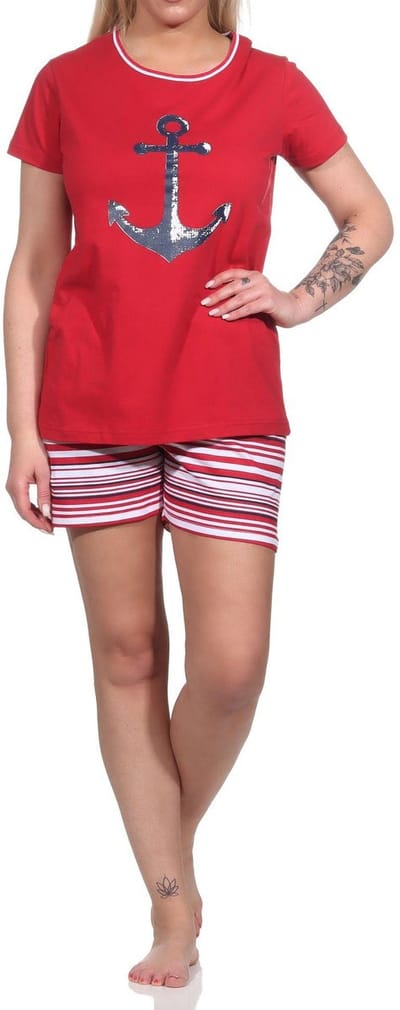 Shorty damespyjama met ankermotief en gestreepte short - 122 205 10 755
