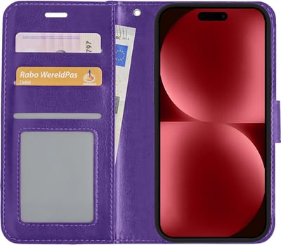 Hoesje - Met Pasjeshouder - Geschikt voor Apple iPhone 15 - Luxe Bookcase Portemonee - Flip Case - Kunstleer Book Case - Flipcase - Book Cover - Walletcase - Portemonneehoes - Paars