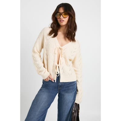 boohoo Dames Gebreide cardigan met pointelle-detail en tie-front | Creme | Maat: Small