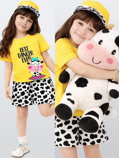Denokids CFF-26Y1-049 Geel Meisjes T-shirt & Shortset Ballerina Koe Print 104