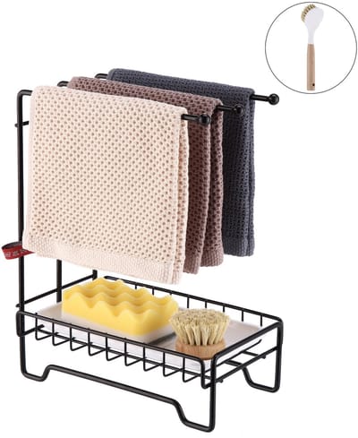 Behave 2-in-1 Vaatdoekhouder en Organizer - Keukenrek voor Doeken, Spons en Borstel - Vrijstaand & Muurmontage - Inclusief Afwasborstel - Metaal - 24,5x30x7,5cm