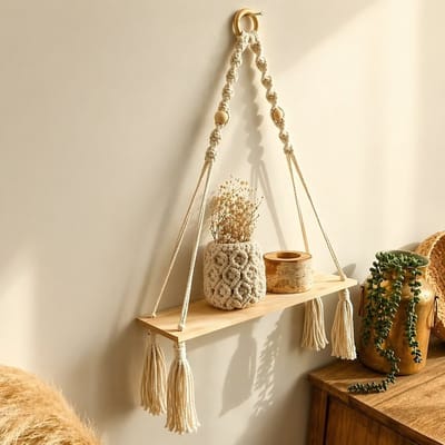 PolkaHome Boho Wandplank – Luxe Macramé Hangplank 40x50 cm – Scandinavisch Design – Handgemaakt & Stijlvol voor Caravan en Woning