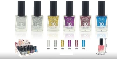 Easy Paris Cosmetics - Set met 6 Flesjes Glitter Nagellak - Zilver - Transparant met Zilver - Transparant met Goud - Transparant met Paars - Transparant met Roze - Transparant met Blauw - Inhoud per flesje 15 ml. - Nummer B07