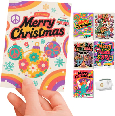 Inspra Studio – Luxe Kerstkaarten met Enveloppen – 6 Stuks – Jaren 60 Wenskaarten Set 2 – Artistieke Illustraties met Nostalgische Retro Stijl
