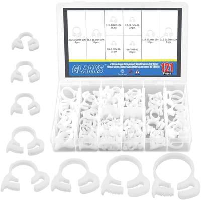 121-delige set zware witte nylon slangklemmen in 8 maten, 6.6-27.2mm, ideaal voor bevestigen en repareren