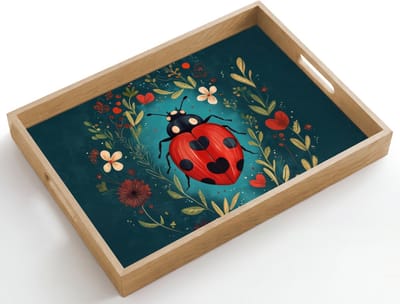 Dienblad hout 50x35 cm - Schootdienblad - Bloemen - Lieveheersbeestje - Hartje - Rood - Borrelplank rechthoek - Plateau dienbladen