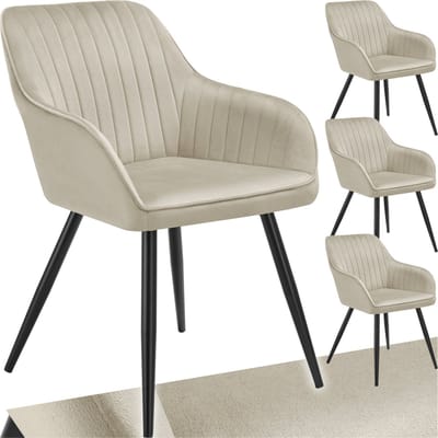 tectake® Eetkamerstoel - Gevoerde fluwelen zitting met gestikt patroon - Zwart metalen poten - Woonkamer, eetkamer, slaapkamer en kantoor - Draagkracht 120 kg - Set van 4 - Crème /zwart