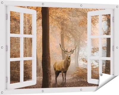 Gards Tuinposter Doorkijk Hert in het Bos - Herfst - 120x80 cm - Tuindoek - Tuindecoratie - Wanddecoratie buiten - Tuinschilderij