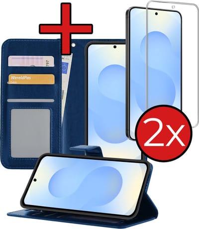 Hoesje - Met Screenprotector - Geschikt voor Samsung Galaxy S25 FE - Luxe Pasjeshouder - Flipcase - Bookcase Portemonee - Flip Case - Kunstleer Book Case - Book Cover - Walletcase - Portemonneehoes - Telefoonhoes - Donkerblauw