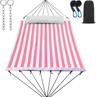 4,3 m hangmat voor twee personen, draagbare camping met opvouwbare stalen spreidstang, draagtas, karabijnhaken, boombanden, kussen en zijtas, sneldrogende textielstof, 550 lbs capaciteit