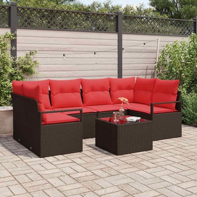 vidaXL Bankstel 7 st 6-Aantal zitplaatsen Bruin en Rood poly rattan