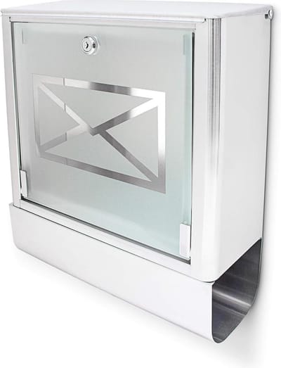 Wandbrievenbus van rvs en glas met motief - HBD ca. 40 x 35 x 14 cm - zilver grijs - moderne uitstraling - weersbestendig