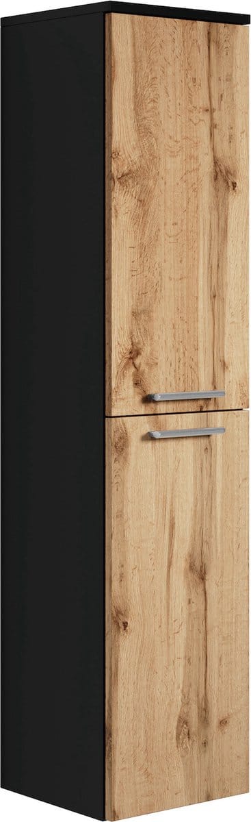 Badplaats Badkamerkast Saturnus 35 x 35 x 130 cm – Eiken met Zwart – Hangende Kolomkast met Twee Deuren