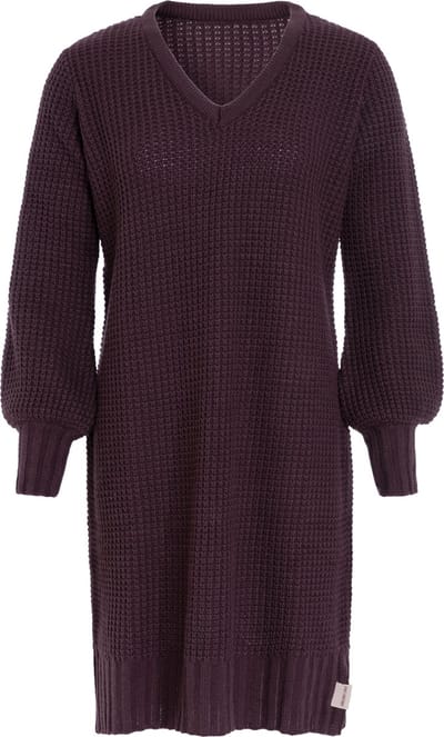 Knit Factory Robin Dames Jurk - Gebreide Trui Jurk - Wollen jurk - Herfst- & winterjurk - Wijde jurk - V-hals - Aubergine - 36/38 - Knielengte