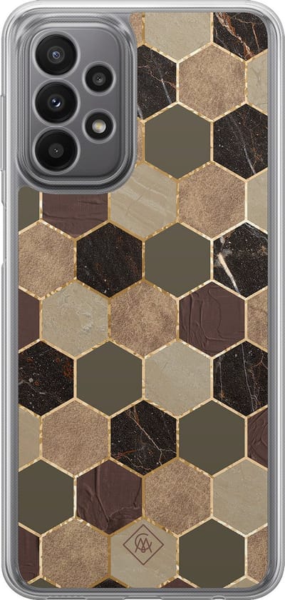 Casimoda® hoesje - Geschikt voor Samsung Galaxy A23 - Kubus Groen Bruin - 2-in-1 case - Schokbestendig - Geometrisch patroon - Verhoogde randen - Bruin/beige, Transparant