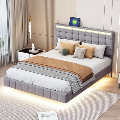 SINGULARITY-Gestoffeerd bed 140 x 200 cm- gestoffeerd zwevend bedframe met LED-verlichting en hoofdeindedesign- tweepersoonsbed- grijs- zonder matras