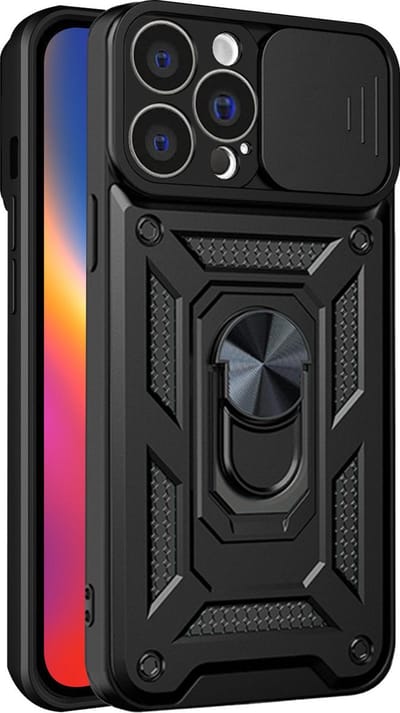 Hoesje geschikt voor iPhone 15 Pro met Ringhouder en Camera schuifje - Arara backcover - Zwart